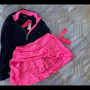 Lilly Pulitzer navy and pink jacket with pink skirt size large new with tags